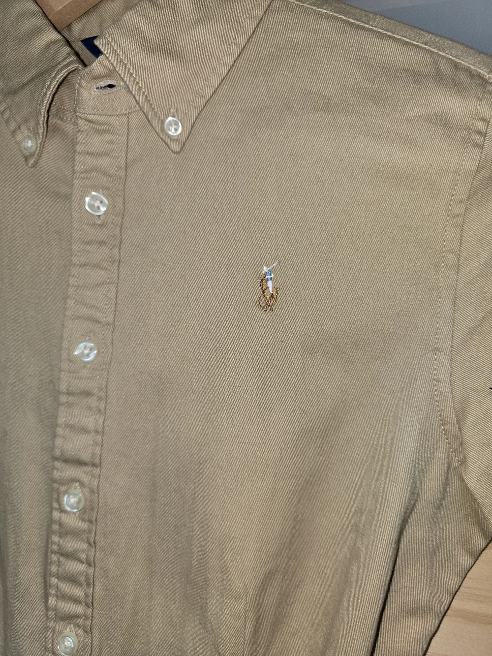 Ralph Lauren Khaki Button-Front Chino Shirt Dress with Navy+Purple & Gold Belt
